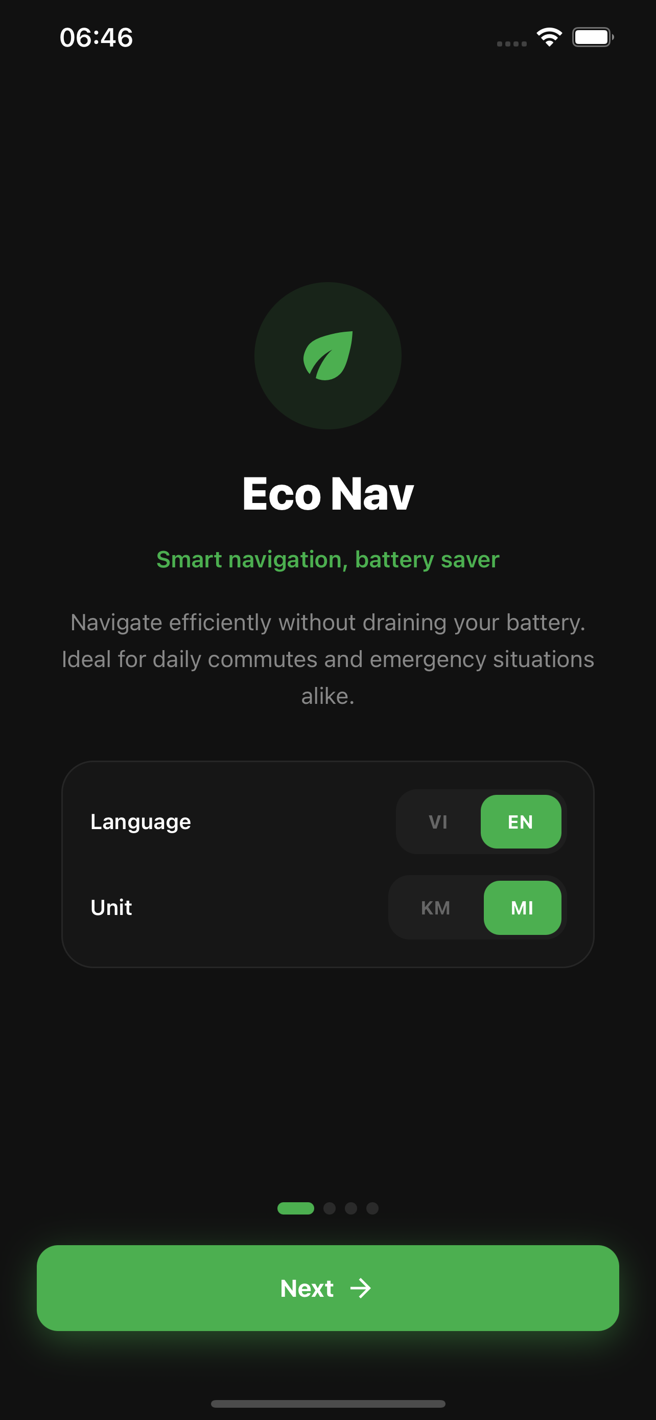 Màn hình cài đặt của EcoNav